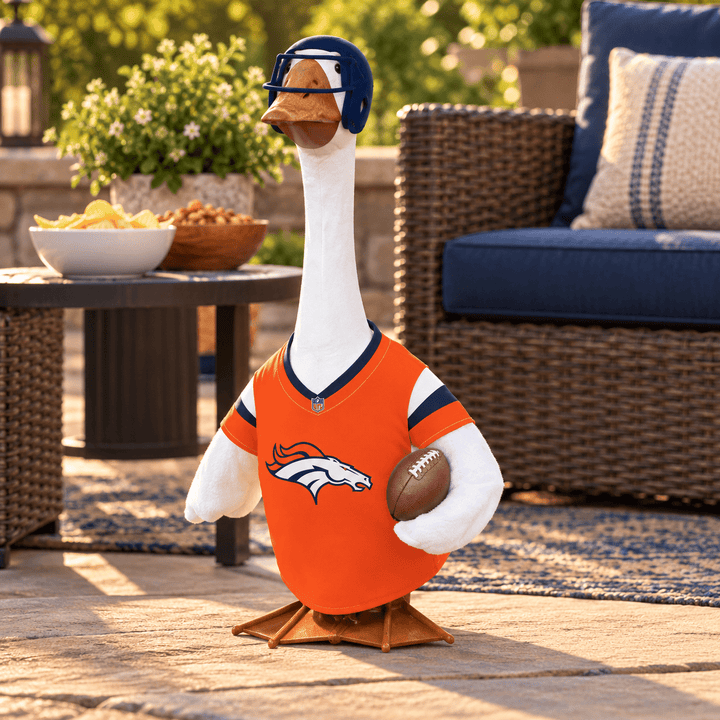 Side view of Denver Broncos porch goose outfit showing orange jersey and navy football helmet