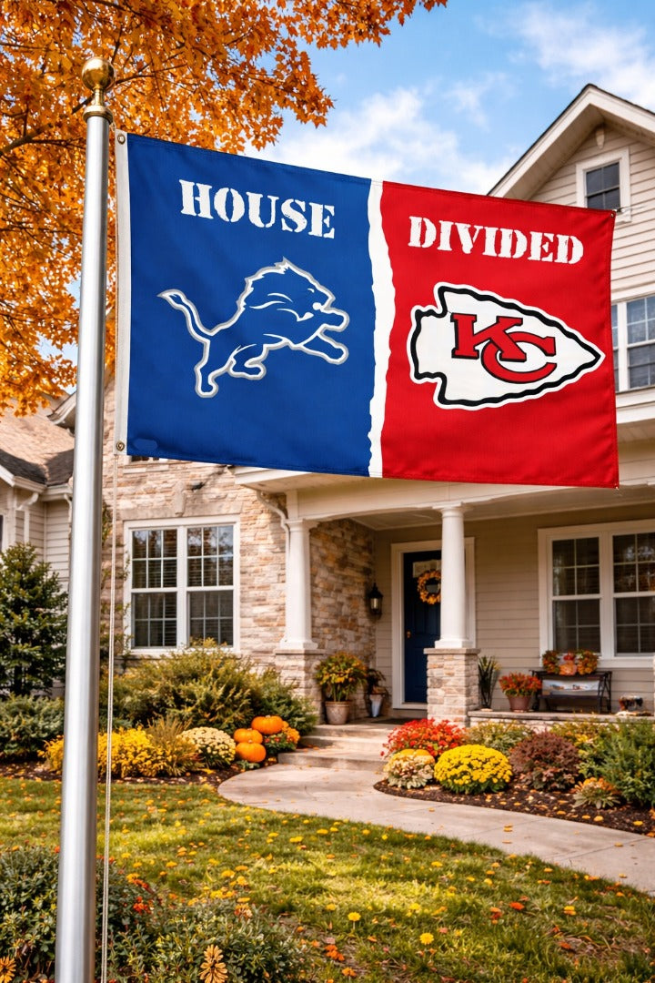 Detroit Lions - Kansas City Chiefs House Divided Flag 3x5 2 Sided heartlandflags