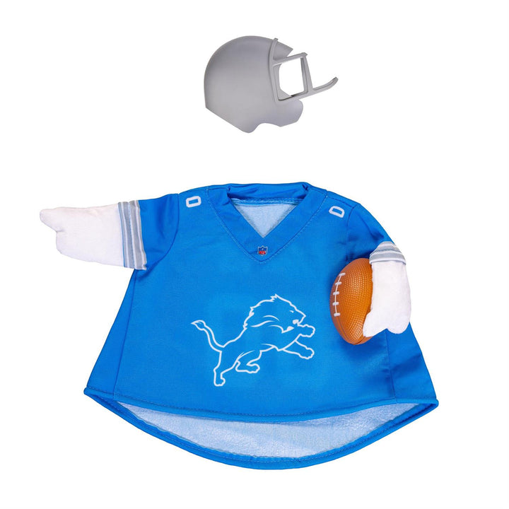 Detroit Lions porch goose outfit modeled on a goose with blue jersey, gray helmet and football accent