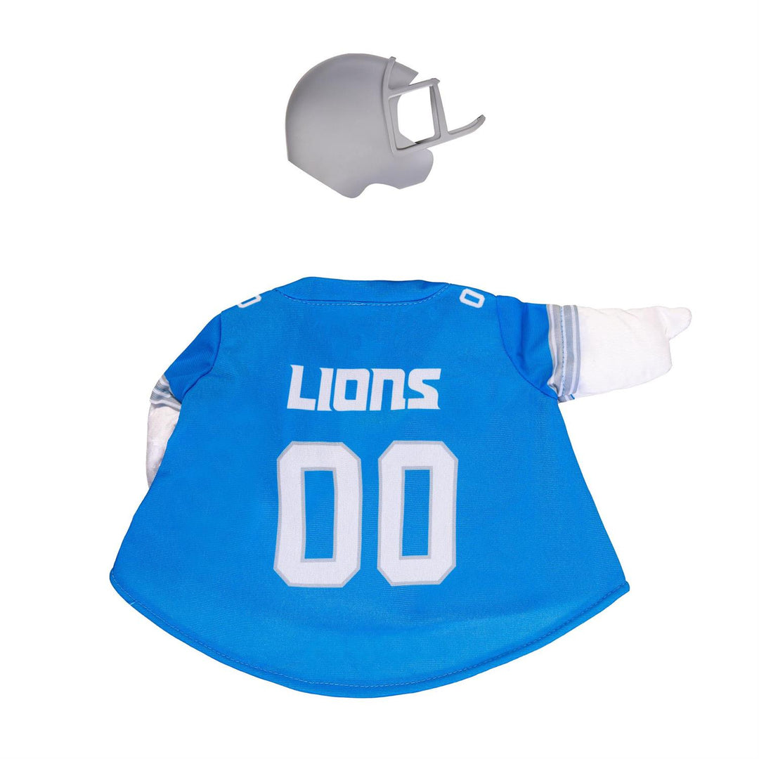 Back of blue Detroit Lions porch goose jersey and gray football helmet, goose not included