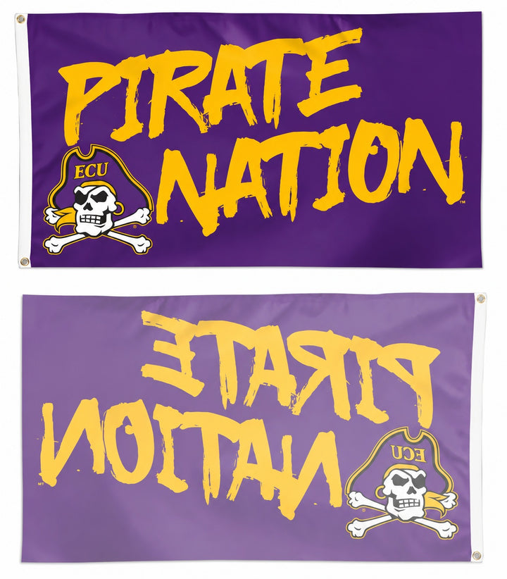 Front and reverse of East Carolina Pirate Nation single-sided flag showing reversed lettering on the back and two header grommets
