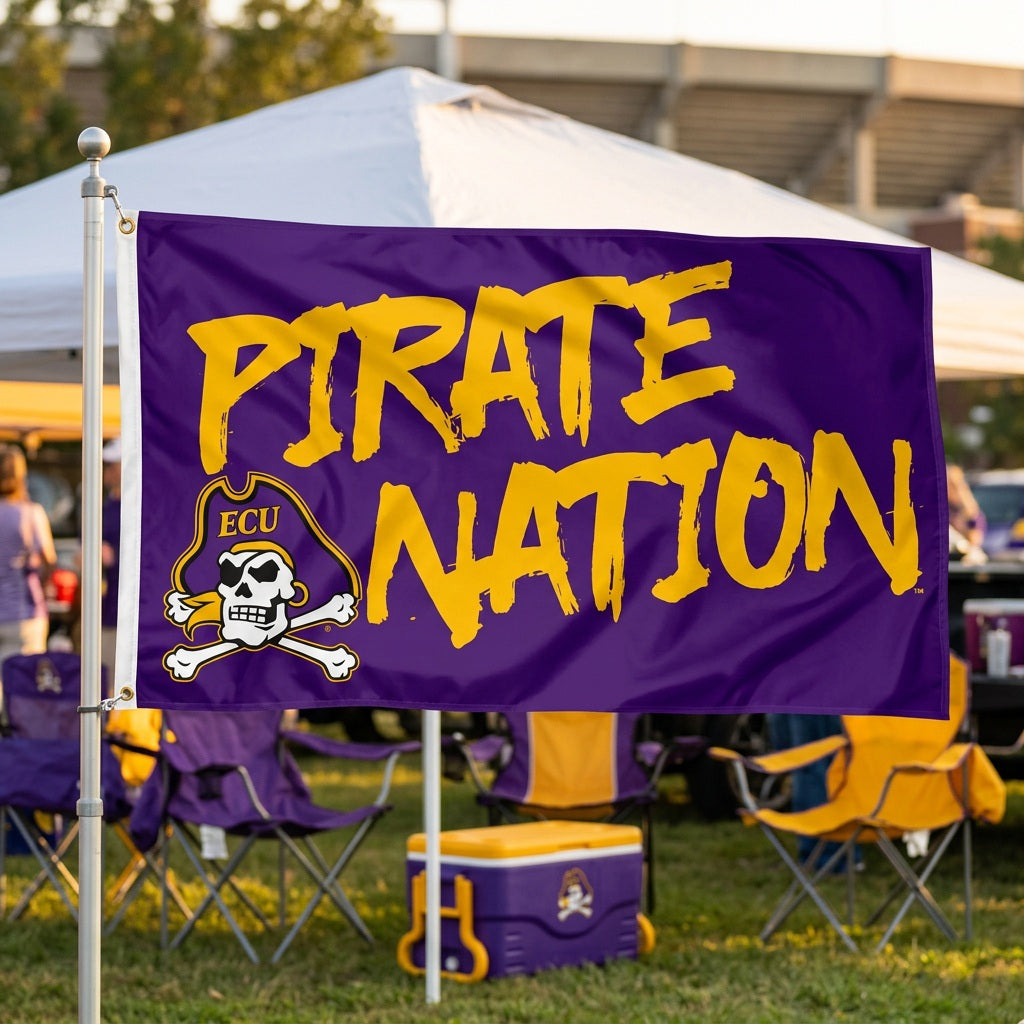 East Carolina Pirate Nation purple and gold 3x5 flag flying beside a white canopy at a football tailgate