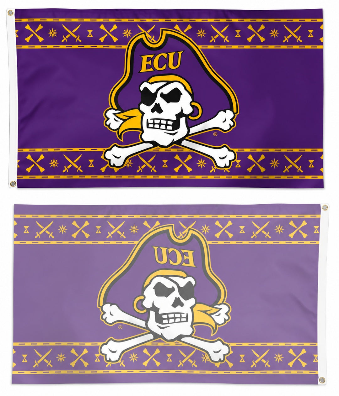 Front and reverse of East Carolina pirate logo flag with gold patterned borders, showing single-sided artwork and reversed ECU lettering