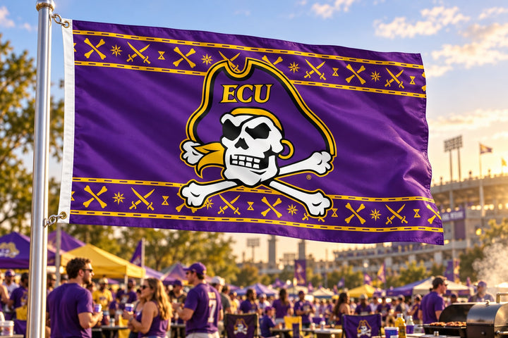 East Carolina ECU pirate logo purple and gold 3x5 flag flying above a game-day tailgate