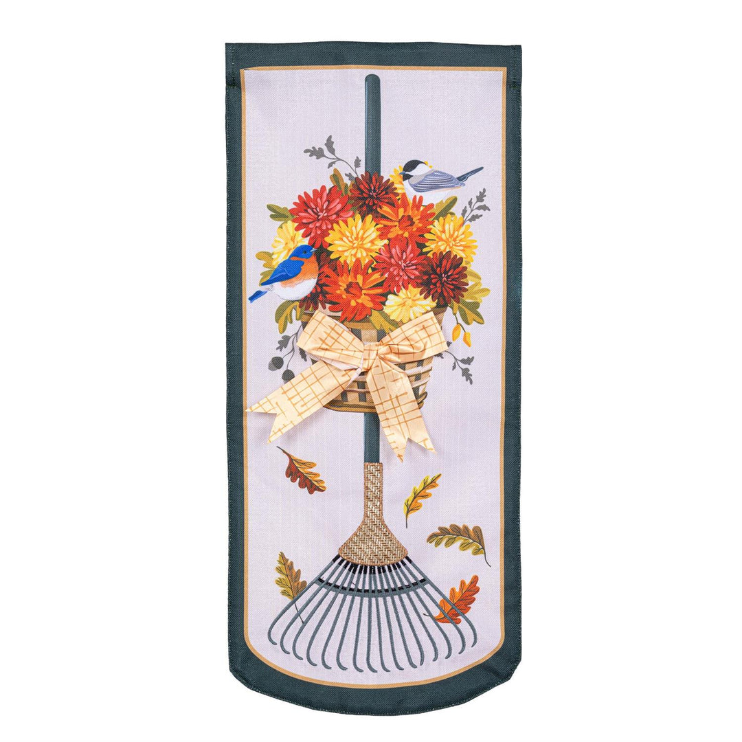 Fall Garden Rake and Mums Long Garden Flag full view with bluebird chickadee and oak leaves