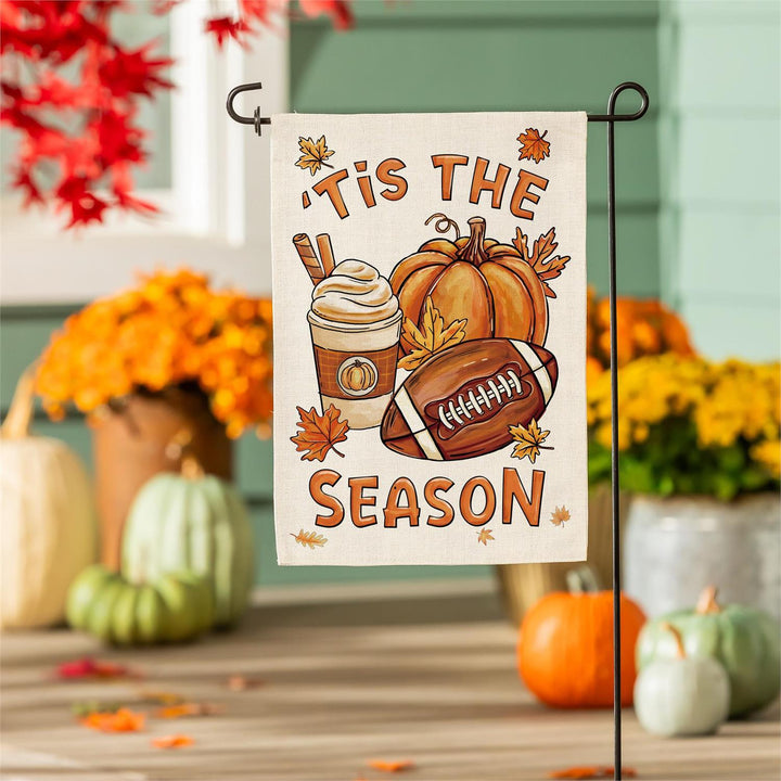 Fall Icon Season garden flag specification showing 12-inch width and 18-inch length
