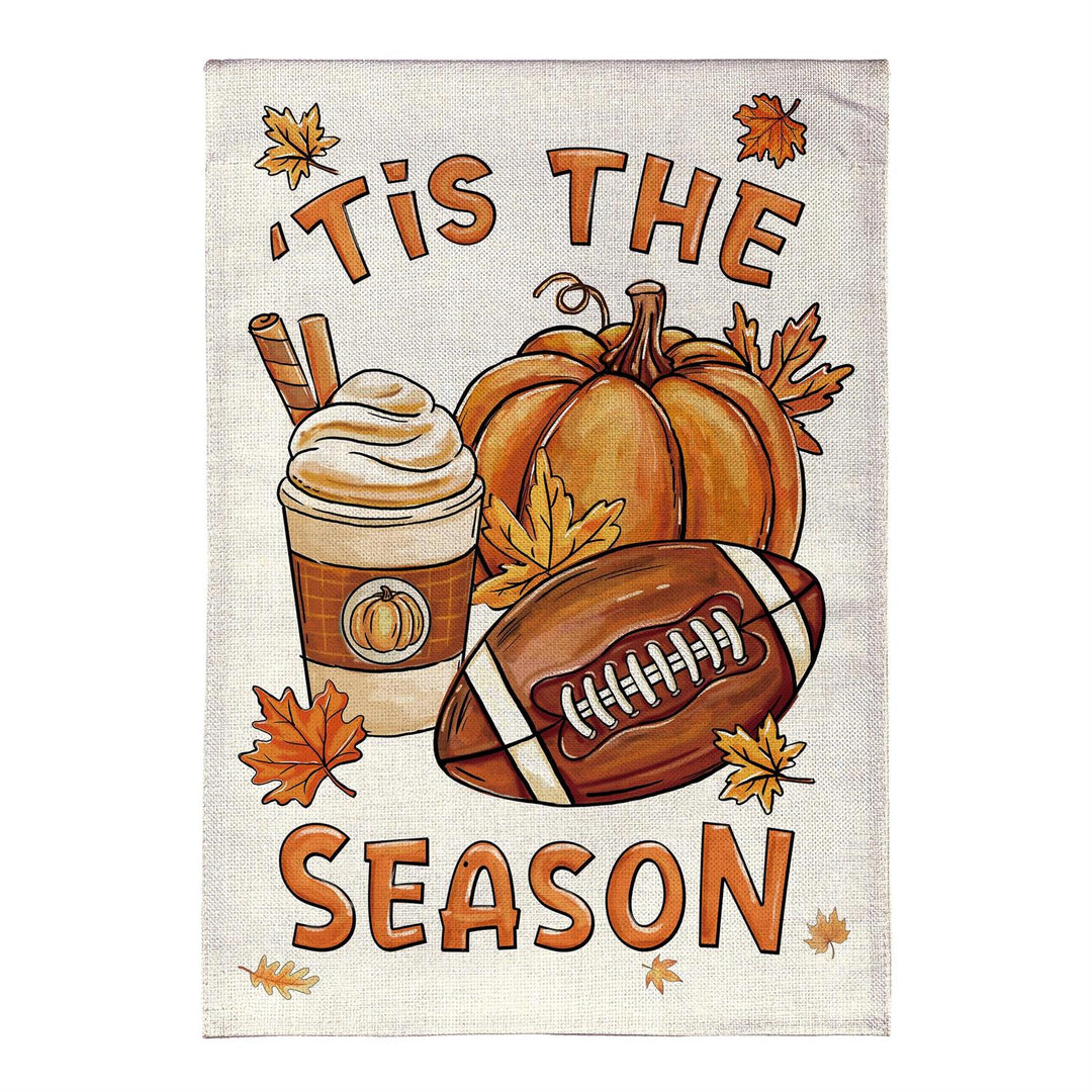 Fall Icon Season garden flag displayed beside pumpkins and fall flowers