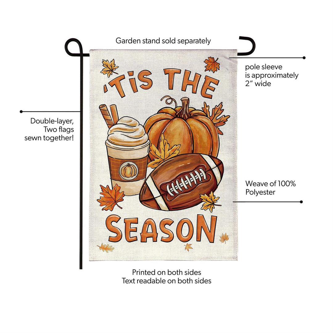 Fall Icon Season garden flag artwork with 'Tis the Season message, pumpkin, seasonal drink, football and autumn leaves