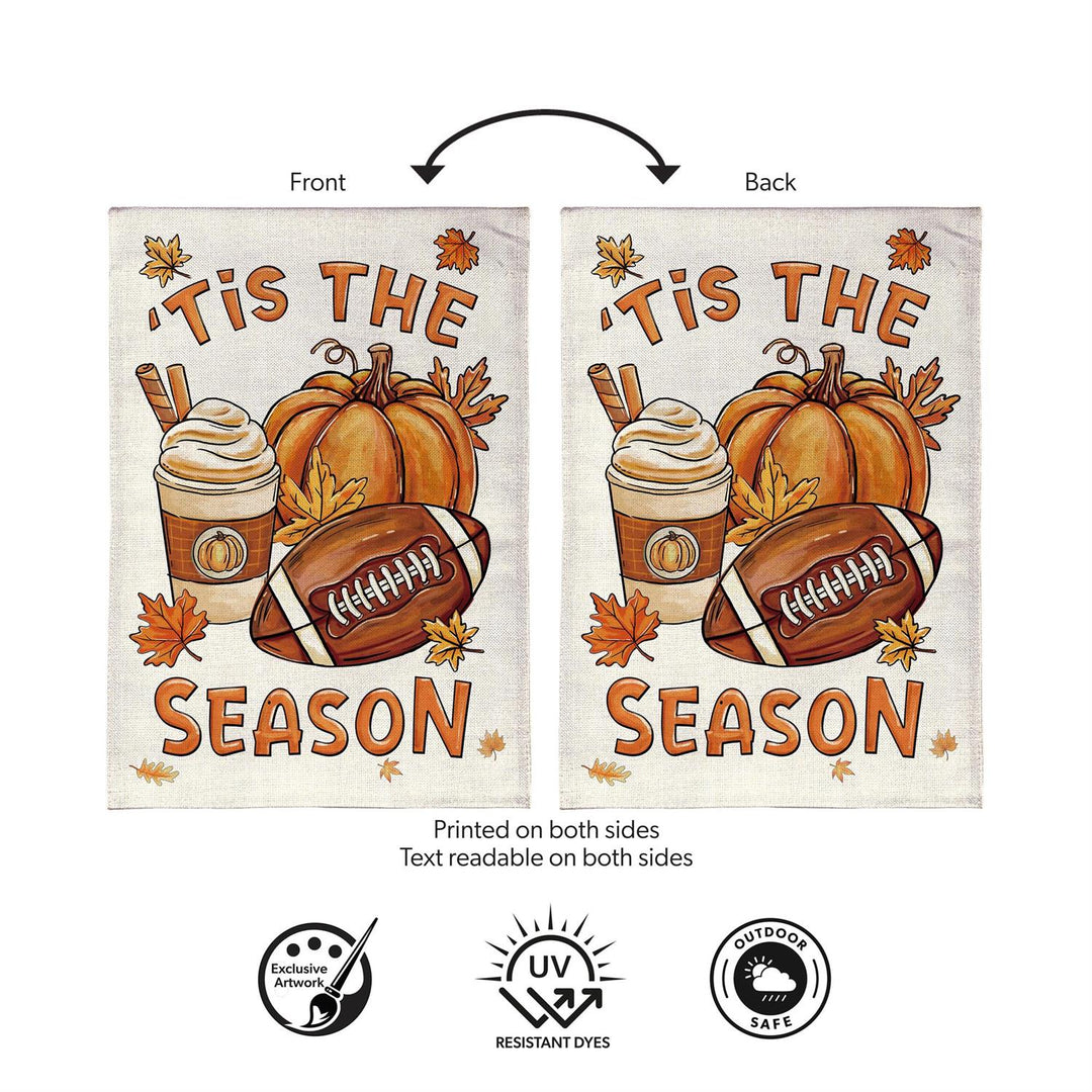 Fall Icon Season garden flag displayed on a teal door with hanging flag holder