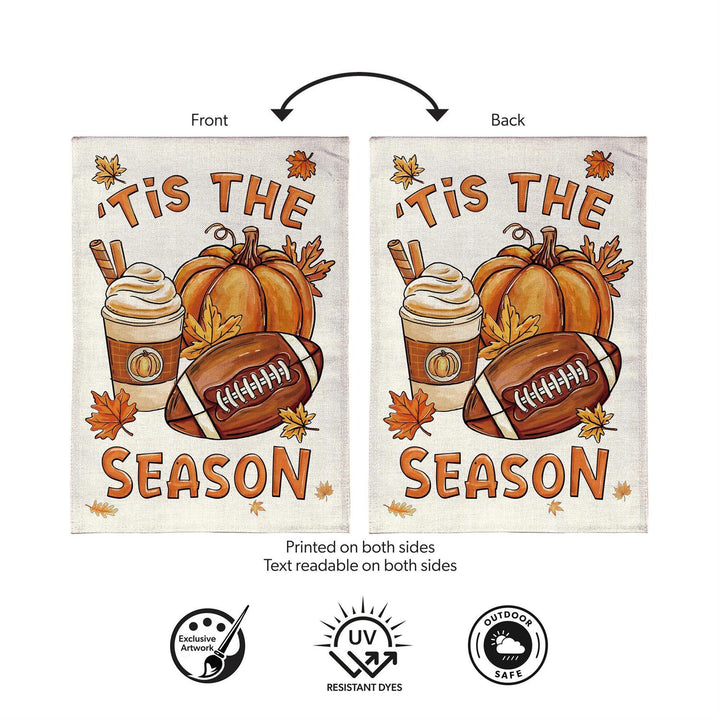 Fall Icon Season garden flag displayed on a teal door with hanging flag holder