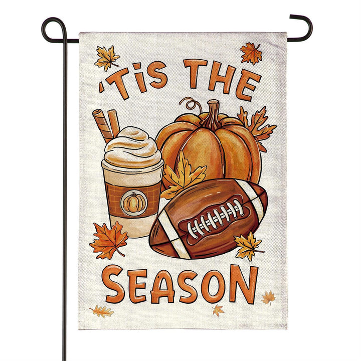 Fall Icon Season burlap garden flag on black garden stand