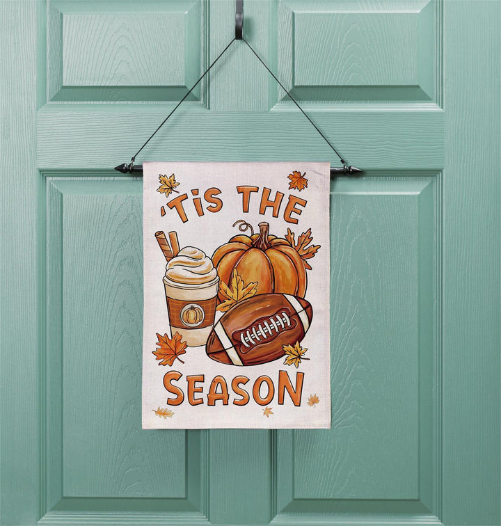 Front and back of two-sided Fall Icon Season garden flag with readable lettering