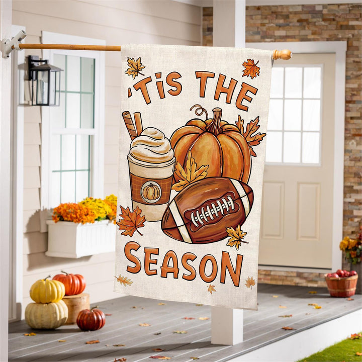 Fall Icon Season flag construction showing double layers, polyester weave and approximately 3-inch pole sleeve