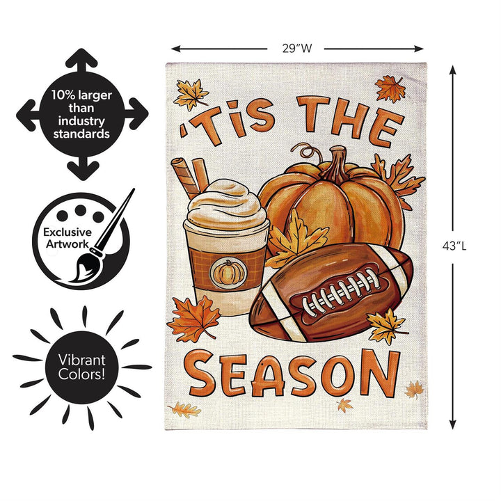Fall Icon Season house flag artwork with 'Tis the Season lettering, pumpkin, drink, football and autumn leaves