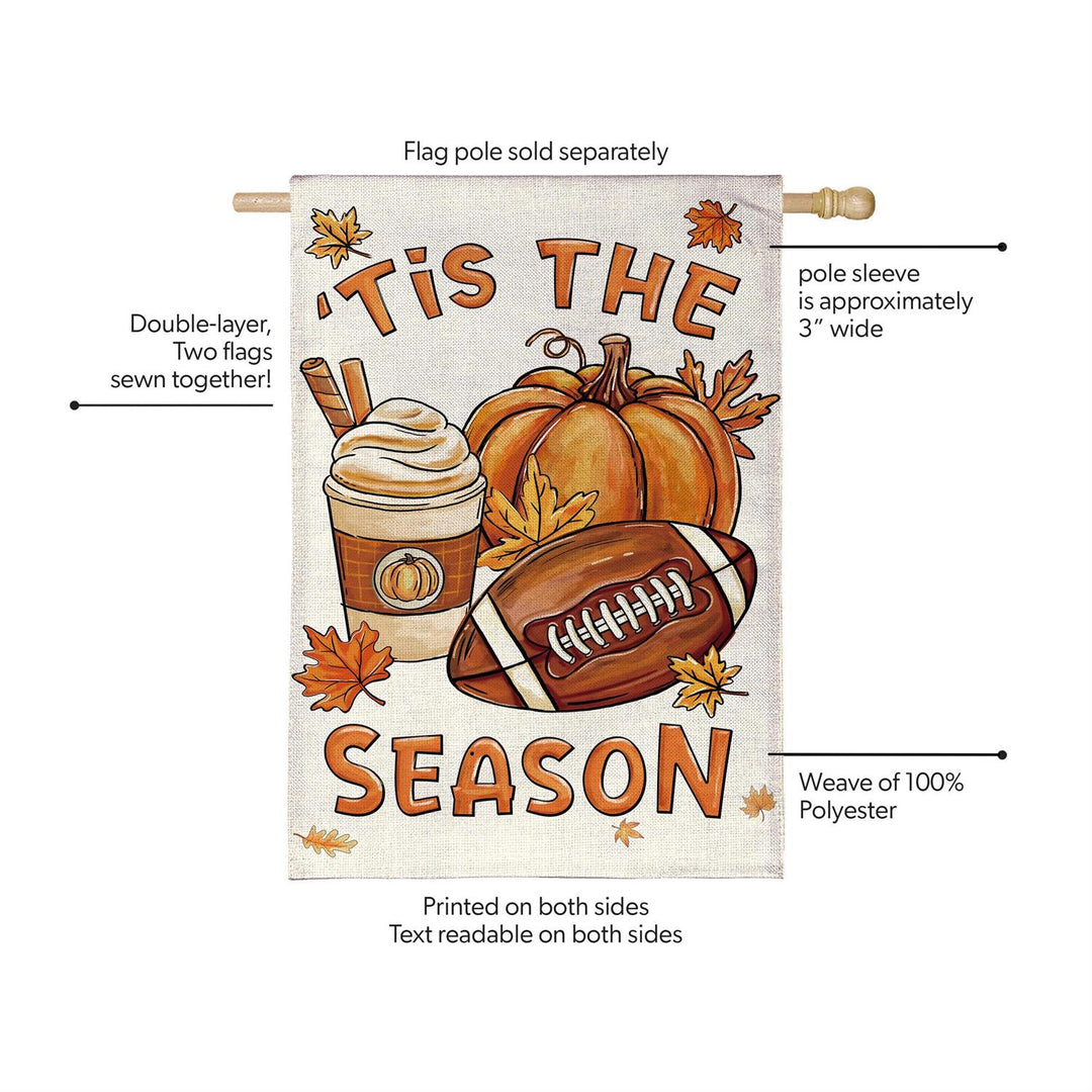 Fall Icon Season burlap house flag displayed on a front porch