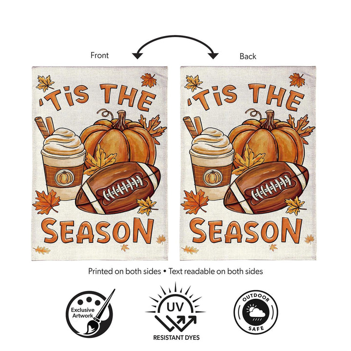 Front and back of two-sided Fall Icon Season house flag with readable text