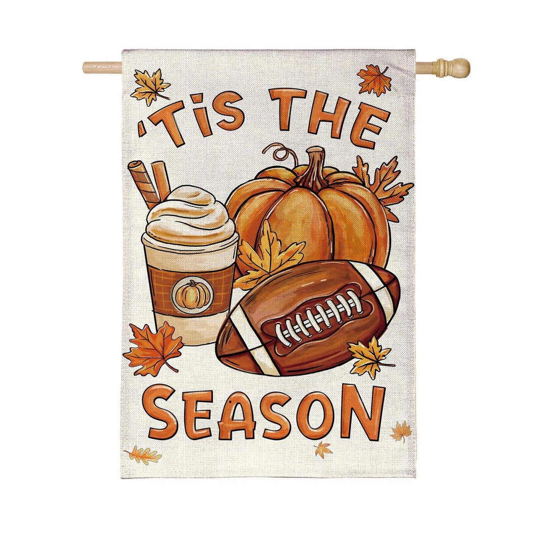 Fall Icon Season house flag on a wooden flag pole with pumpkin and football artwork