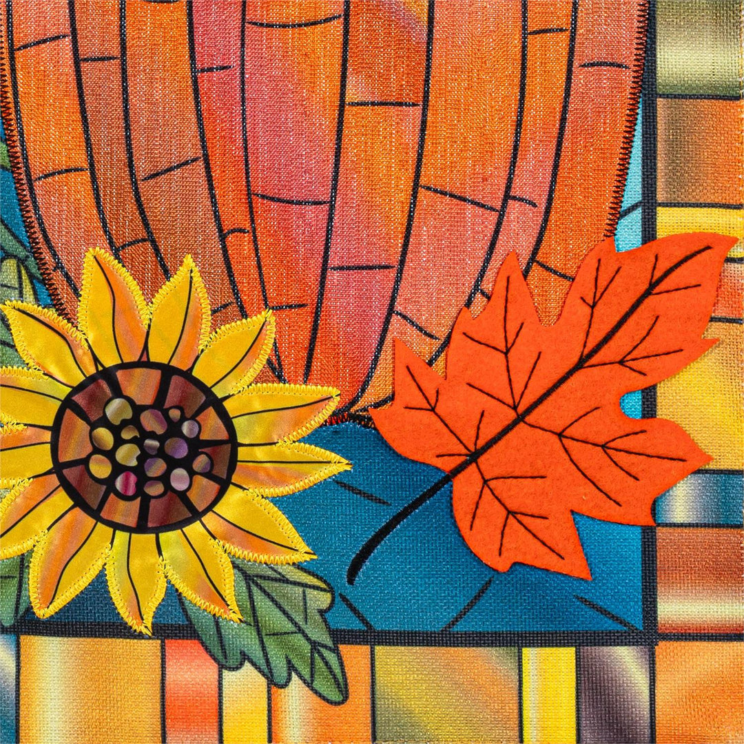 Fall Pumpkin Stained Glass Garden Flag close up detail of sunflower and maple leaf