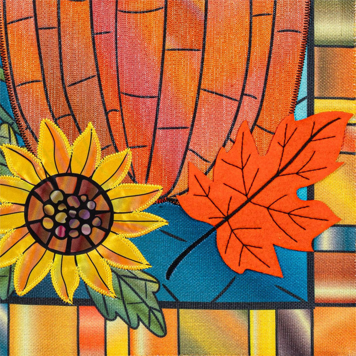 Fall Pumpkin Stained Glass Garden Flag close up detail of sunflower and maple leaf