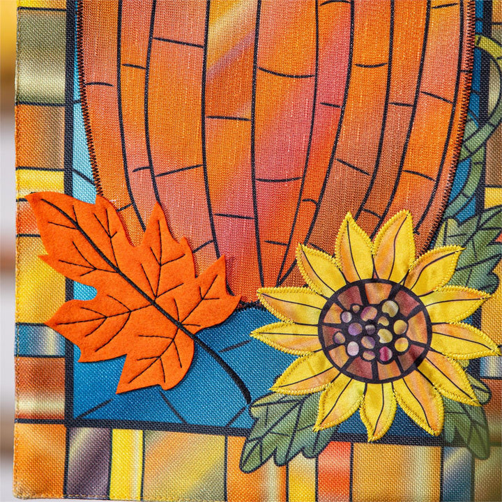 Fall Pumpkin Stained Glass Garden Flag close up of mosaic pumpkin and sunflower detail