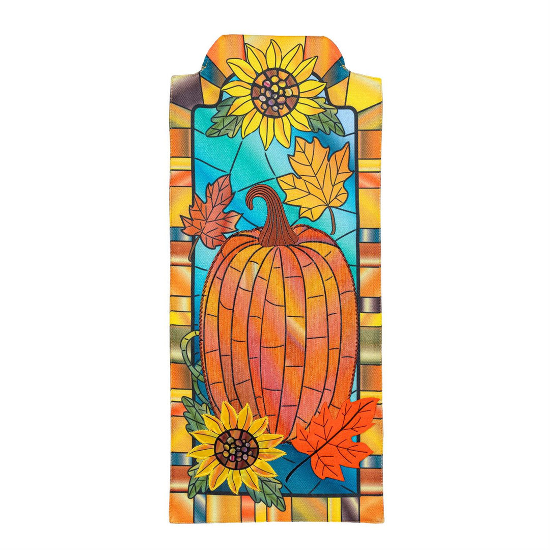 Fall Pumpkin Stained Glass Long Garden Flag full view with sunflowers and maple leaves