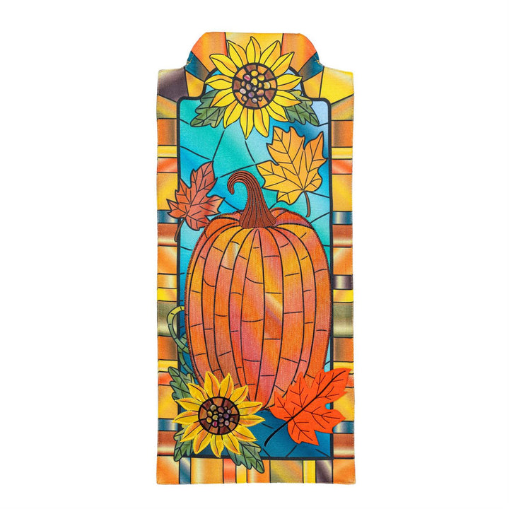 Fall Pumpkin Stained Glass Long Garden Flag full view with sunflowers and maple leaves