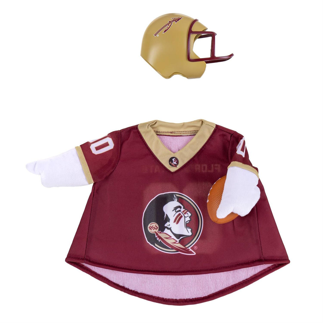 Front view of garnet Florida State Seminoles goose jersey and gold-colored football helmet; goose not included