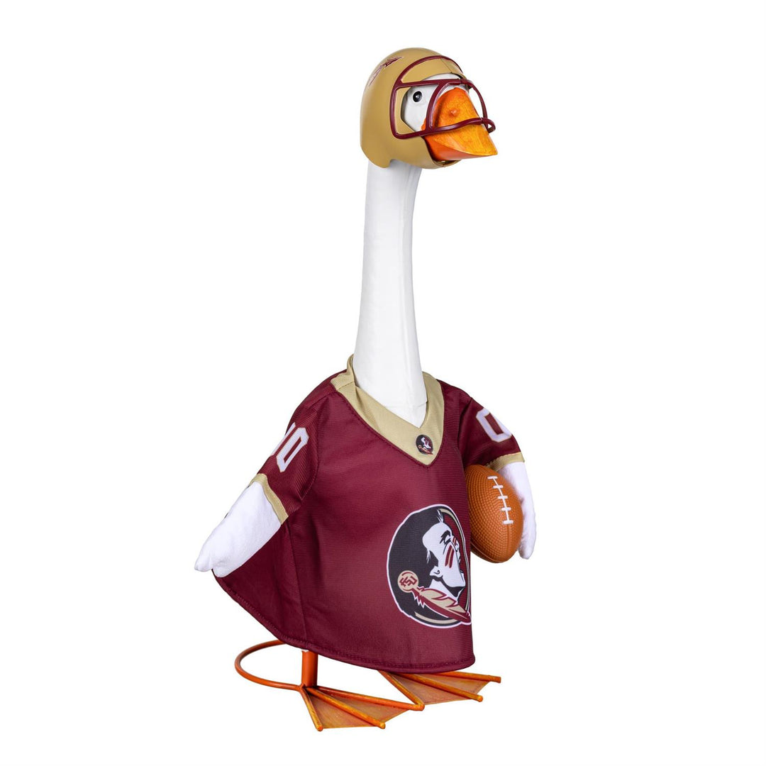 Florida State football goose outfit in a porch display with fall flowers; goose and props not included