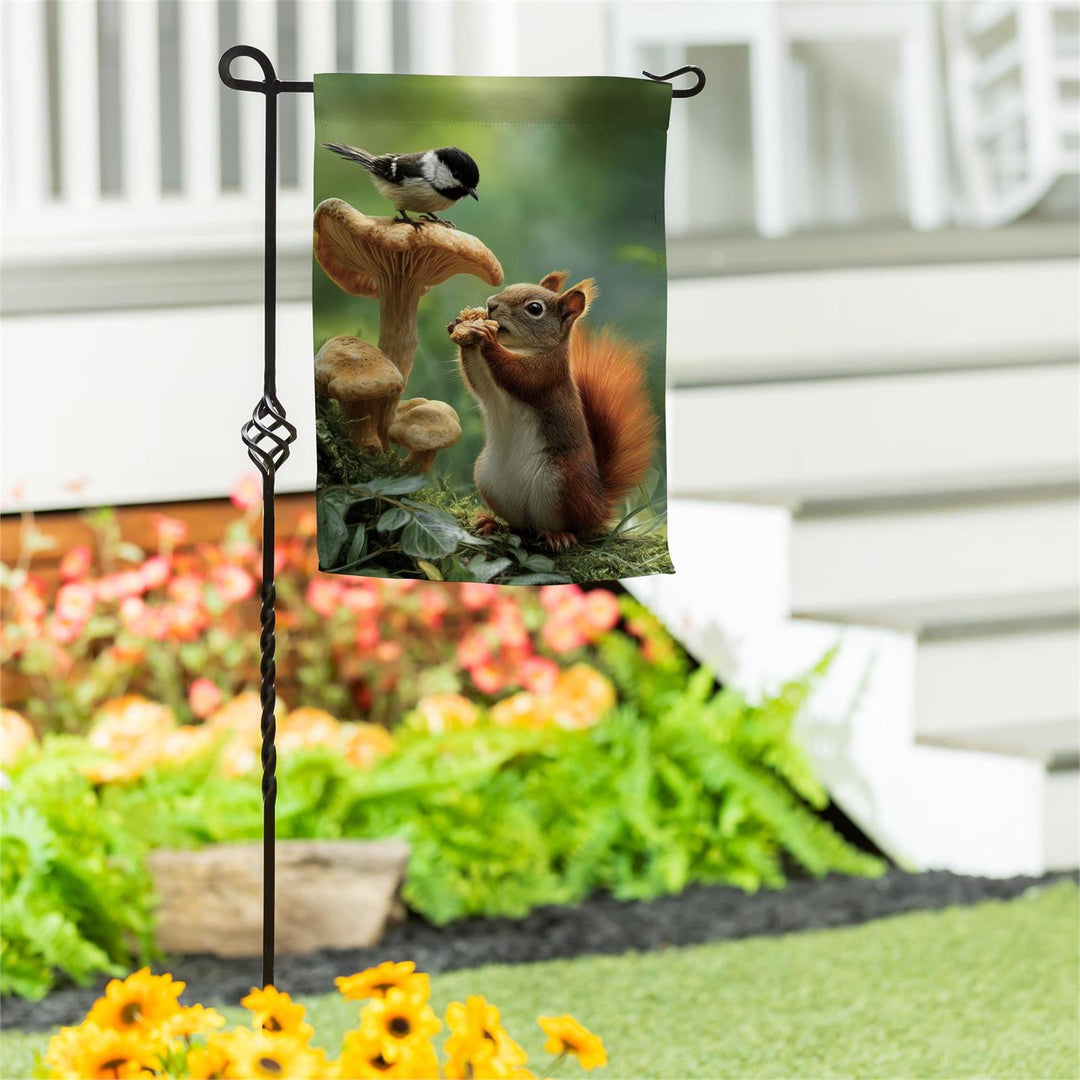 Woodland garden flag featuring a reddish-tailed squirrel and chickadee among mushrooms and green leaves
