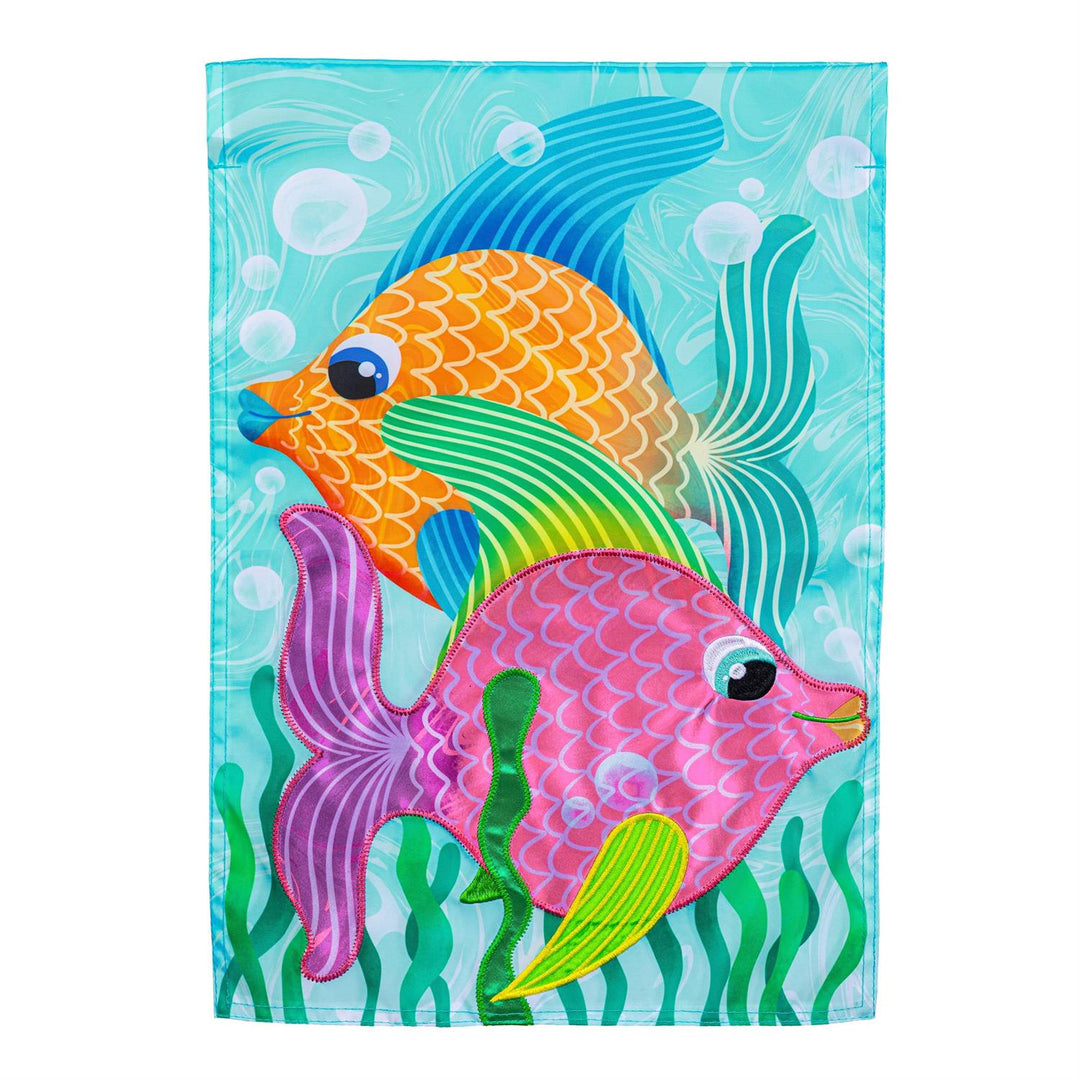 Funky Tropical Fish 2 Sided Garden Flag - product flat lay showing vibrant orange and pink tropical fish in an underwater aqua scene with applique details