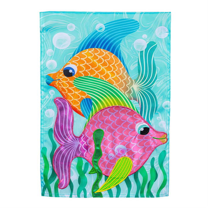 Funky Tropical Fish 2 Sided Garden Flag - product flat lay showing vibrant orange and pink tropical fish in an underwater aqua scene with applique details