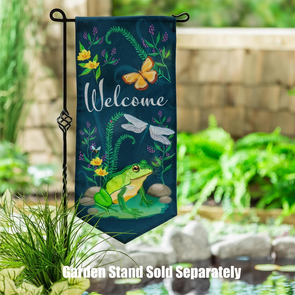 Garden Friends Long Garden Flag on stand by garden pond lifestyle photo