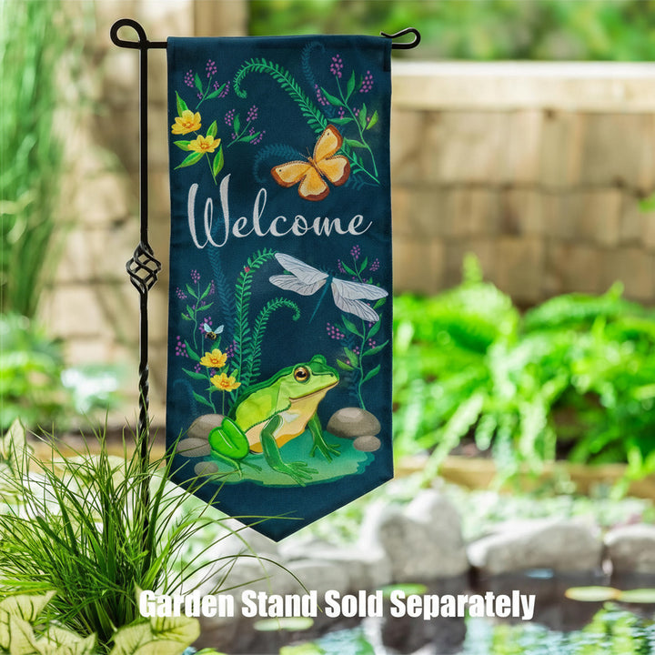 Garden Friends Long Garden Flag on stand by garden pond lifestyle photo