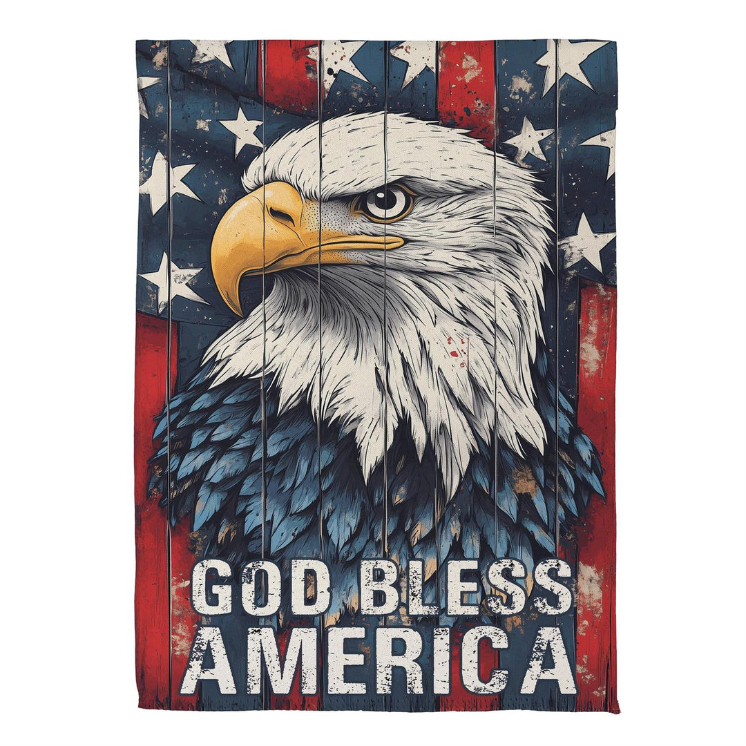 God Bless America Bald Eagle Patriotic Garden Flag with distressed American flag background