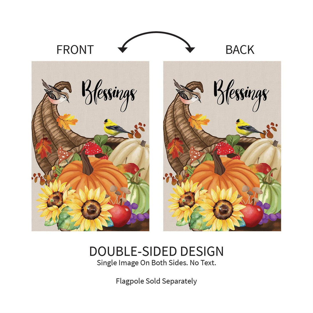 Front and back views of the double-sided Blessings cornucopia garden flag