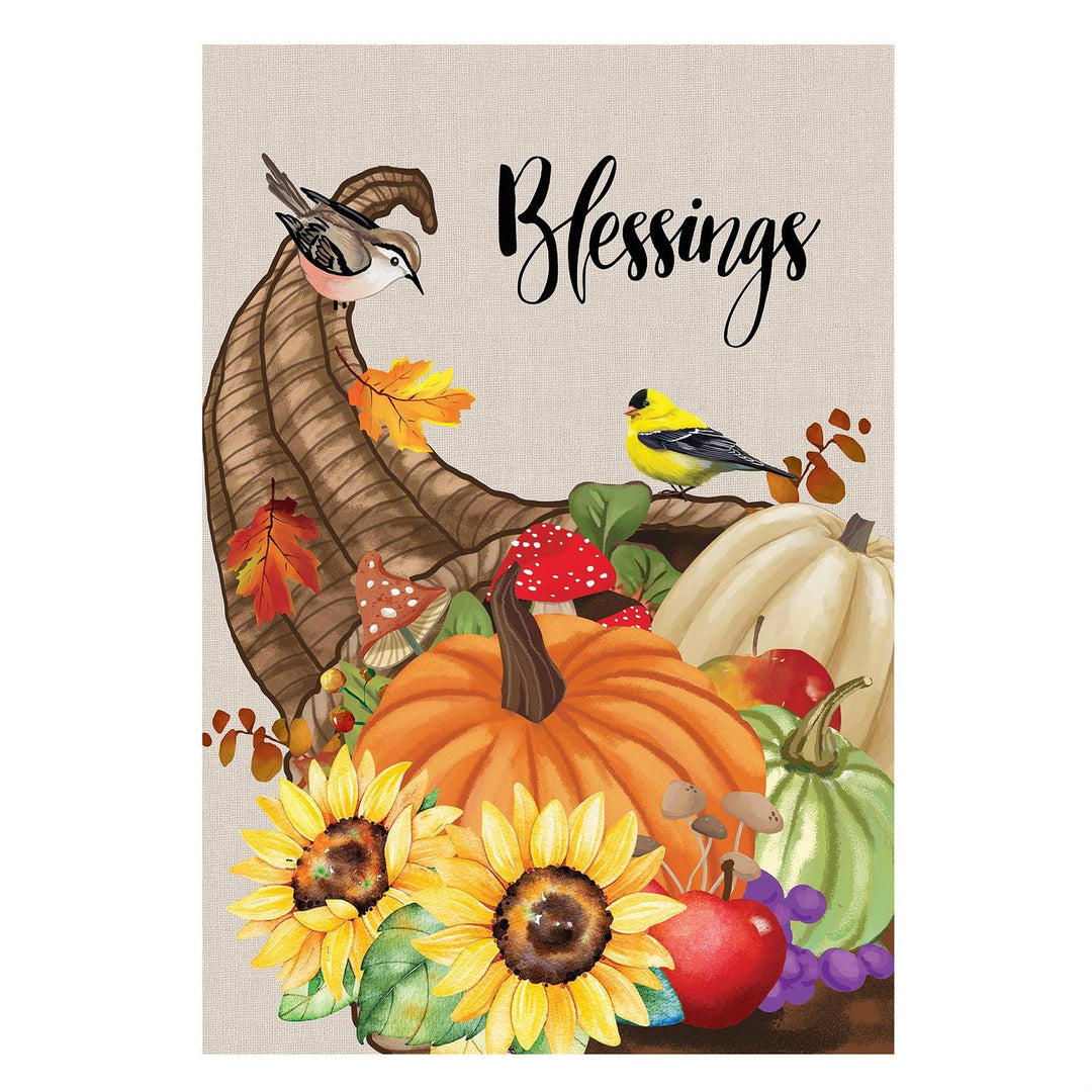 Blessings cornucopia garden flag with pumpkins, sunflowers, fruit, and two birds