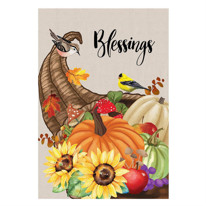 Blessings cornucopia garden flag with pumpkins, sunflowers, fruit, and two birds