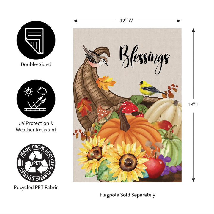 Cornucopia garden flag size graphic showing 12 inch width and 18 inch length
