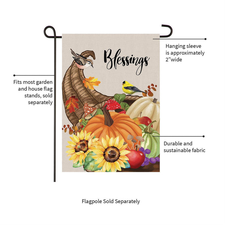 Cornucopia flag on a stand with approximately 2 inch hanging sleeve indicated