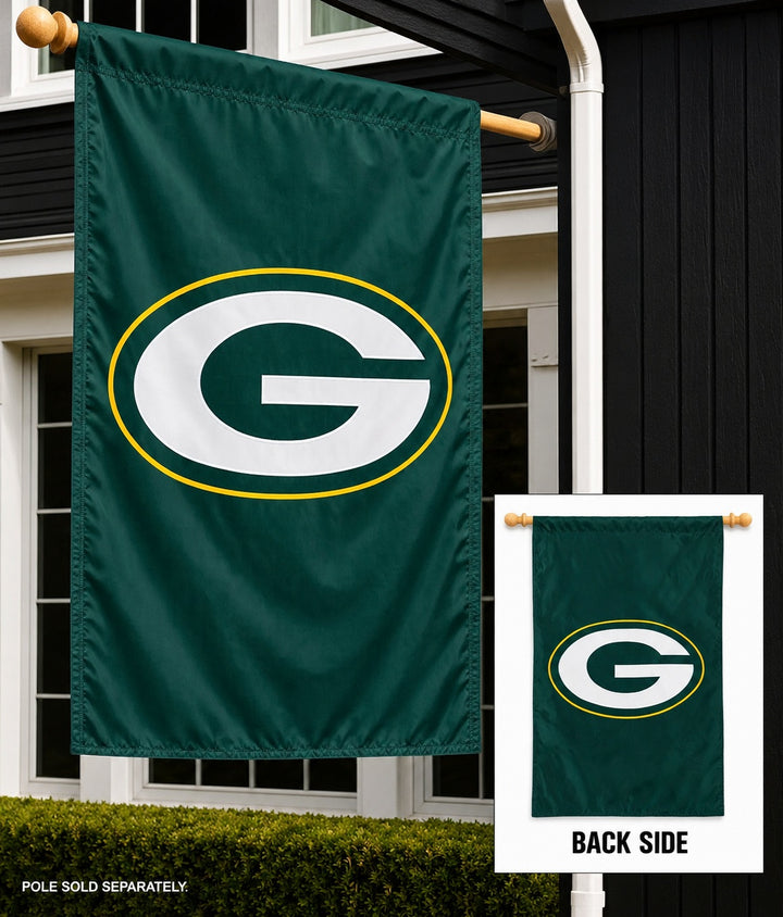 Green Bay Packers banner hanging outside a home with inset showing the back side