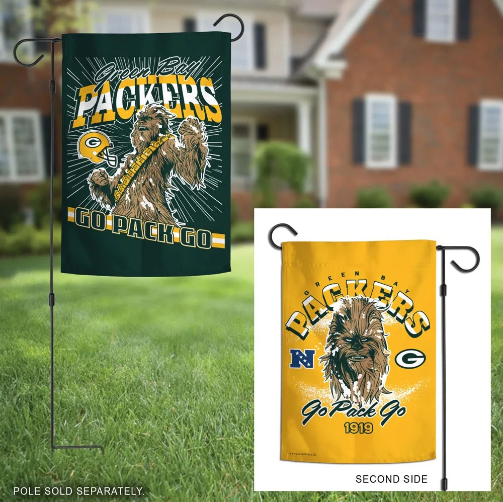 Green Bay Packers Chewbacca garden flag displayed outdoors with gold reverse-side inset; pole sold separately
