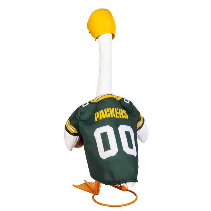 Front of Green Bay Packers goose outfit showing green G logo jersey, football accent and helmet