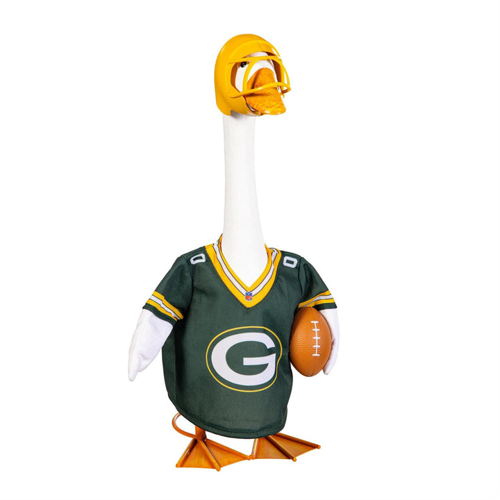 Rear view of 21-inch goose dressed in Packers jersey and yellow football helmet