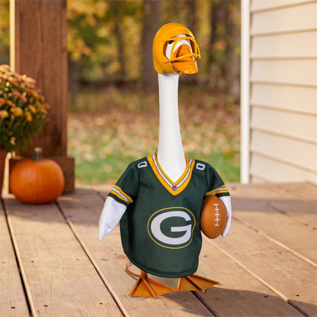 Licensed Green Bay Packers porch goose outfit worn by a 21-inch goose with green jersey and yellow helmet