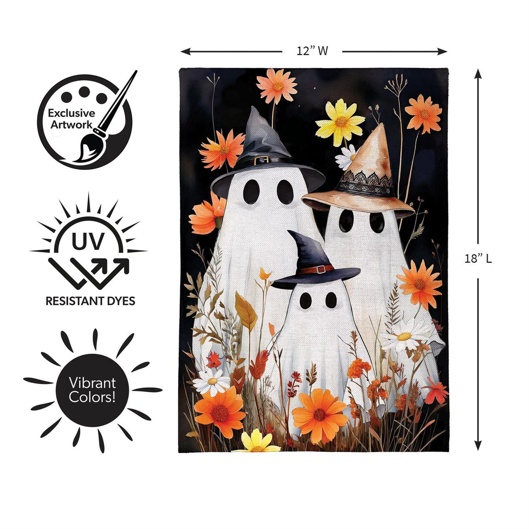 Halloween Ghost Family flag displayed with pumpkins and colorful porch lights