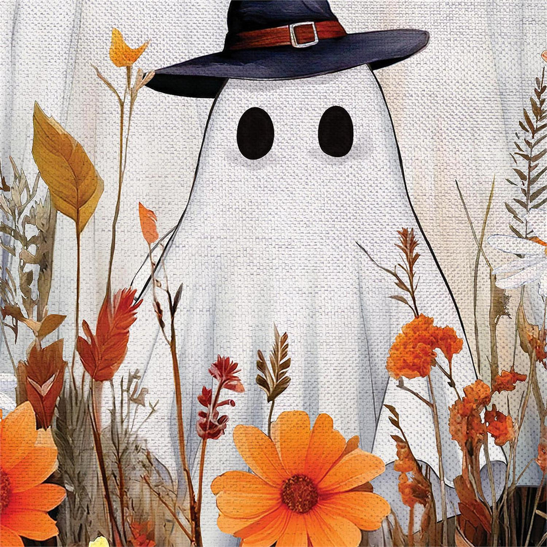 Halloween Ghost Family garden flag artwork with three witch-hat ghosts and orange, yellow and white flowers