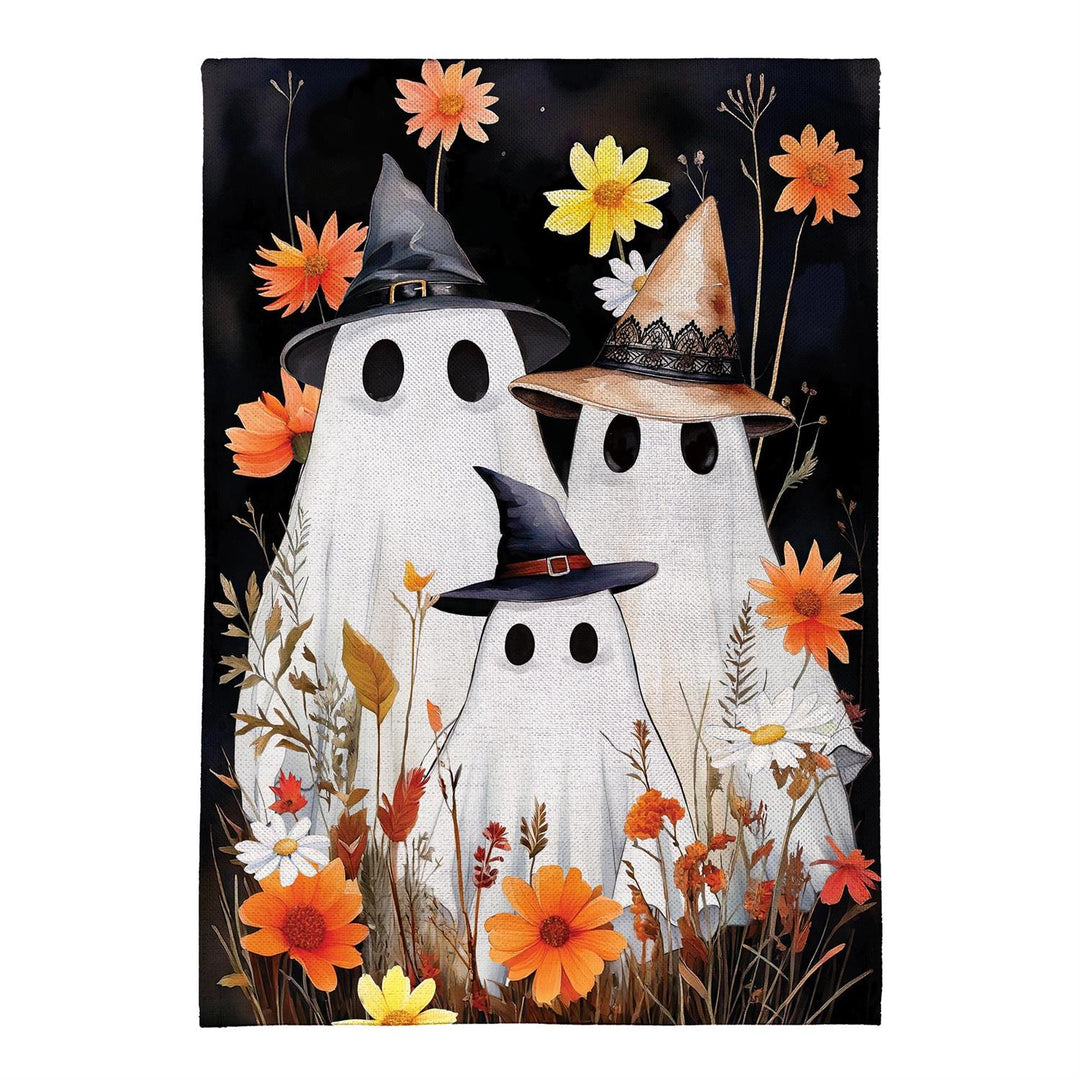 Ghost Family flag construction showing double layers, polyester weave and approximately 2-inch pole sleeve
