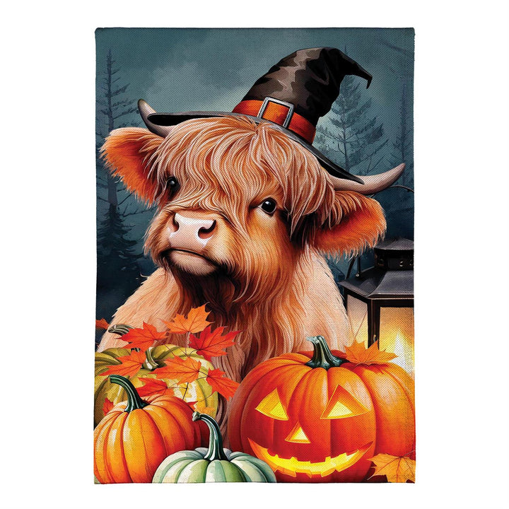 Highland Cow Halloween flag on decorative garden stand
