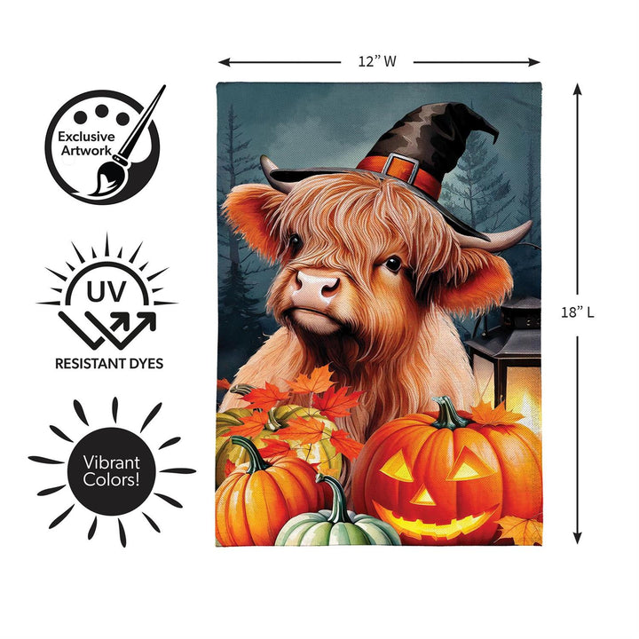 Front and back of two-sided Highland Cow Halloween garden flag