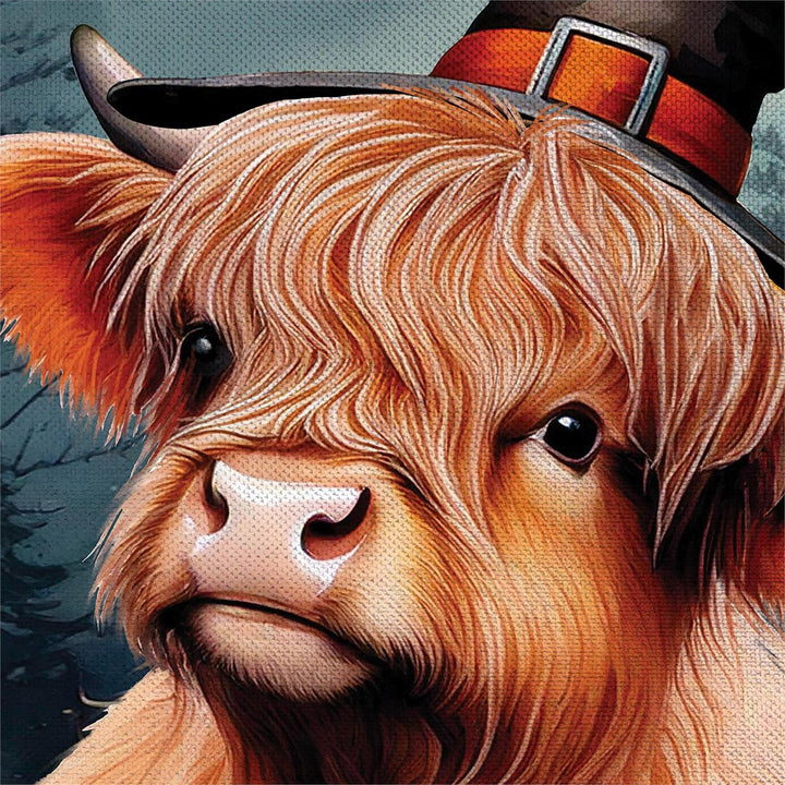Halloween Haunted Highland Cow garden flag with witch hat, pumpkins and autumn leaves